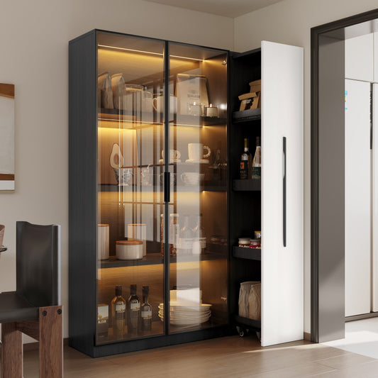 Multifunktionsschrank 110,5x35x160 cm, Schwarz-Weiß: Moderne Vitrine mit Glastür, LED, Seitenauszug, Rollschrank, ideal für Bücher, Bad, Esszimmer.