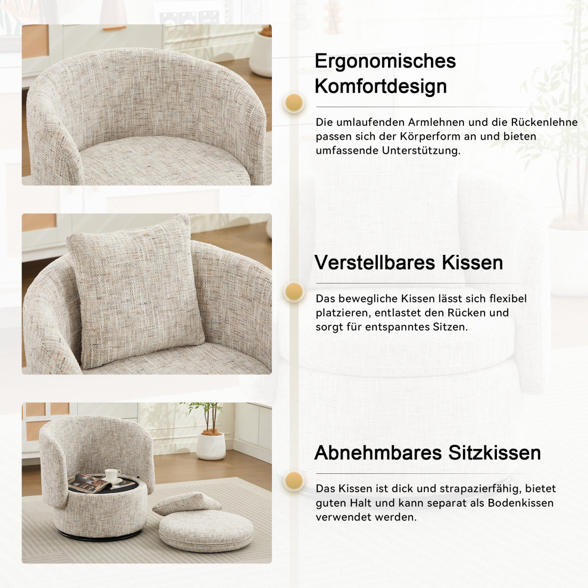 360° Drehsessel Chenille (Ivory) – Modern, Rund & Bequem für Leseecke, Wohnzimmer