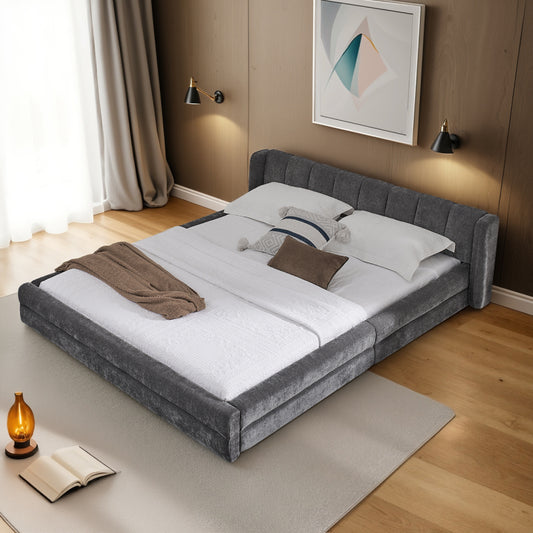 Doppelbett 140×200 cm, Chenille Stoff, komfortable Rückenlehne, robustes Eukalyptus und Eisengestell, einfach zu montieren, Dark Gray (ohne Matratze)