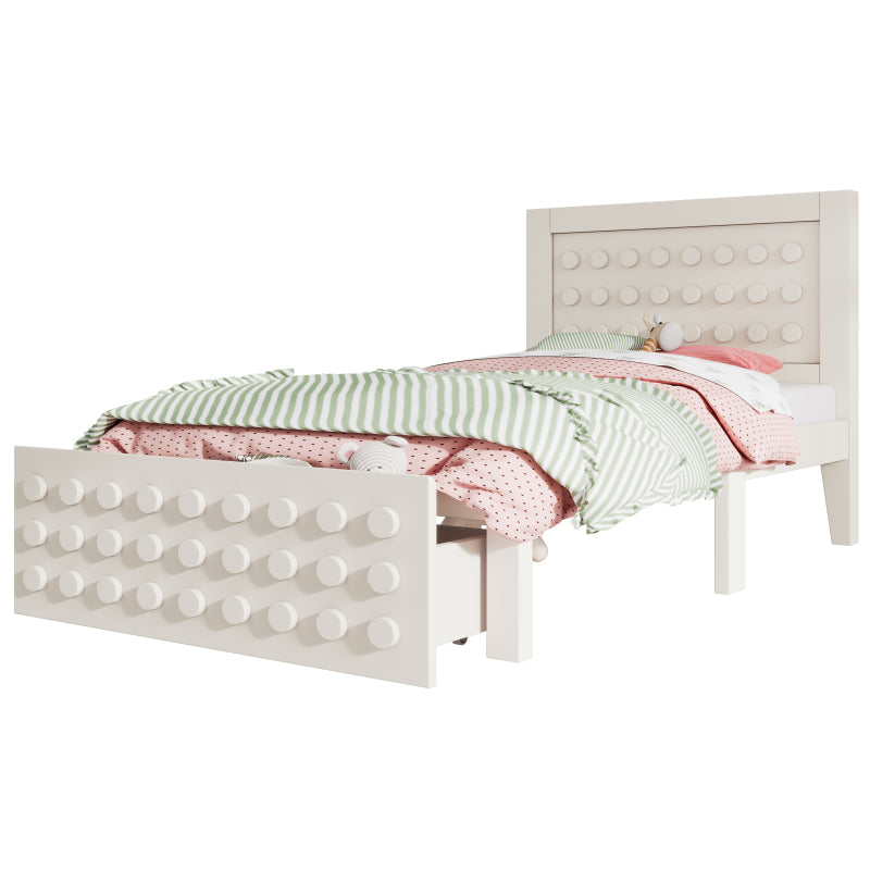 Holzbett Einzelbett 90x200 cm, Kinderbett Jugendbett mit Kreativem Block Design, Massivholz Bettgestell mit Lattenrost, mit Schubladen & Unterm Bett Stauraum, Weiß, Ohne Matratze