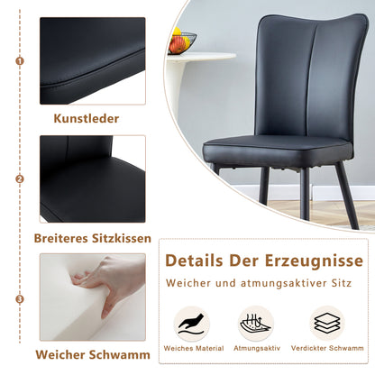 Moderner minimalistischer schwarzer Stuhl mit PU-Leder-Rückenpolster und schwarzen Metallbeinen, Eine Kiste mit zwei Stühlen.