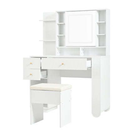 Beleuchteter Schminktisch mit Spiegel & Hocker – Moderner Frisiertisch mit Einstellbarer Helligkeit, Schubladen & Offener Ablage, Weiß, 100×40×138 cm