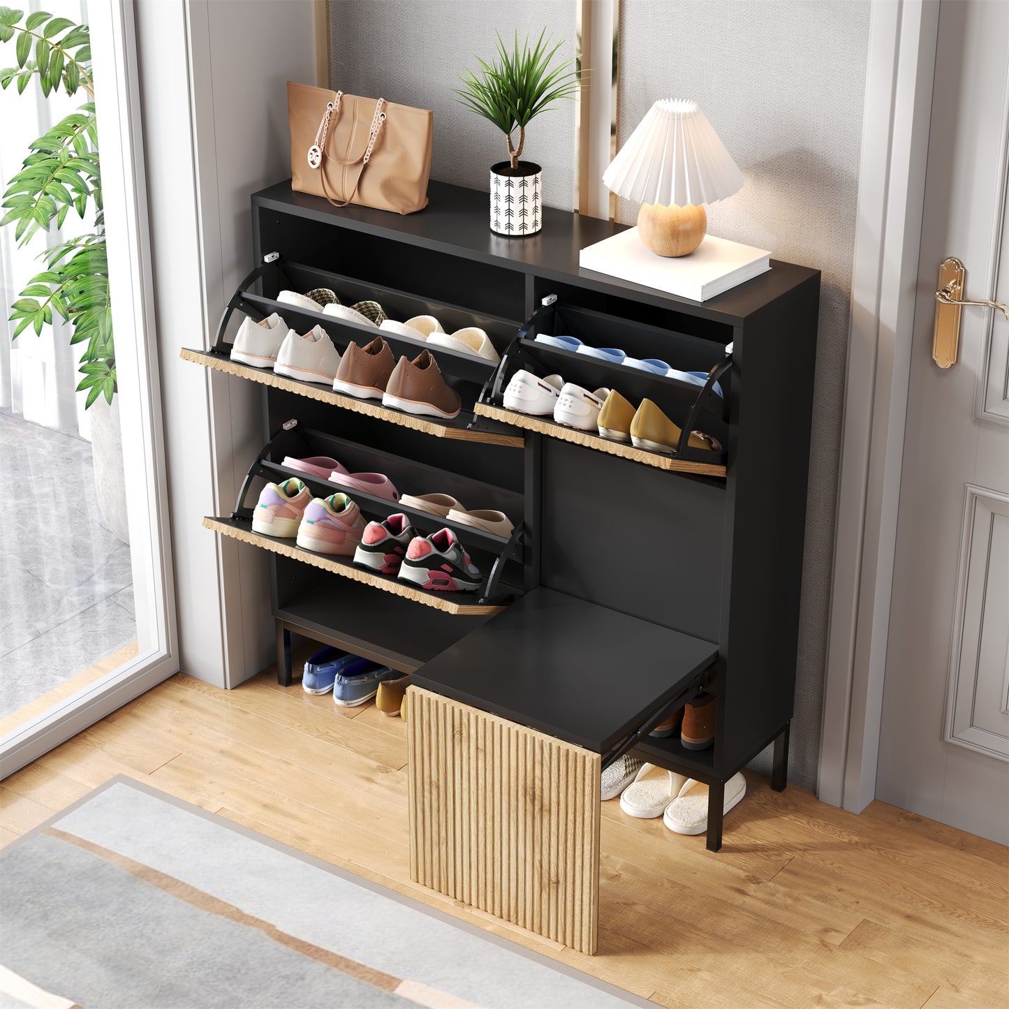 Schuhschrank mit Schuhwechselhocker, dreifach klappbarem Schuhregal und offenem Stauraum, geeignet für Flure, Schwarz + Holzfarbe