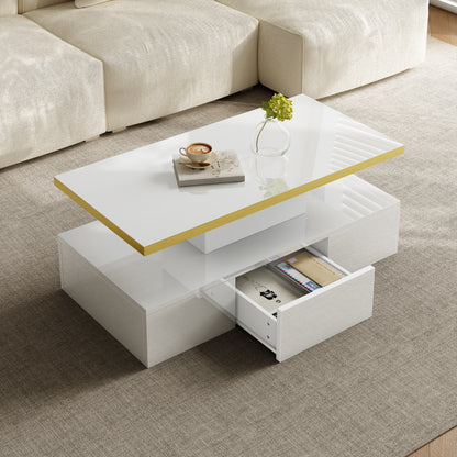 Couchtisch, Tisch mit Schubladen, Hochglanzlackierung, Beistelltisch mit zwei Ablageebenen. Mit LED-Licht