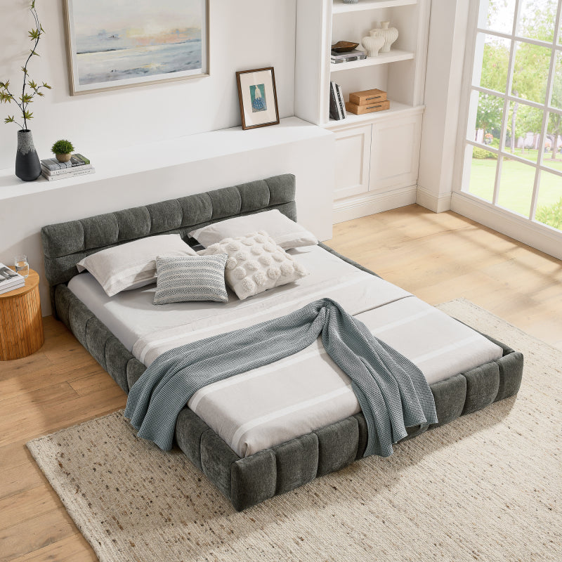 Doppelbett 160x200 cm mit Chenille Bezug Eukalyptusholz Eisenrahmen Dark Gray (ohne Matratze)