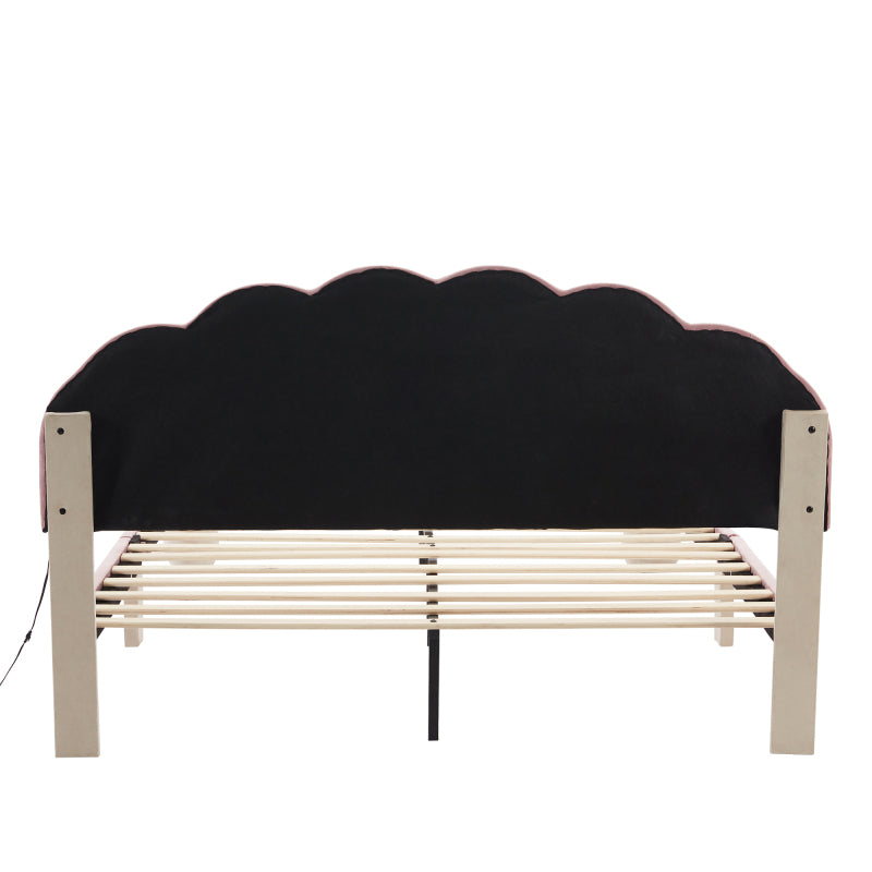 Polsterbett mit mehrfarbigen, wechselnden Lichtstreifen, Kopfteil mit Wellenschliff, mit gepolsterter runden Beine, Kinderbett, Jugendbett mit Holzlatten, Doppelbett, Samt, Beige+Rosa, 140x200cm