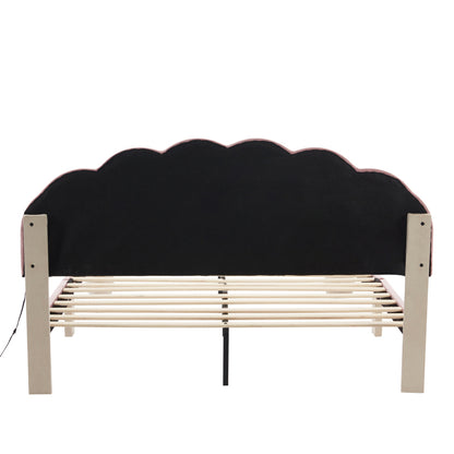 Polsterbett mit mehrfarbigen, wechselnden Lichtstreifen, Kopfteil mit Wellenschliff, mit gepolsterter runden Beine, Kinderbett, Jugendbett mit Holzlatten, Doppelbett, Samt, Beige+Rosa, 140x200cm