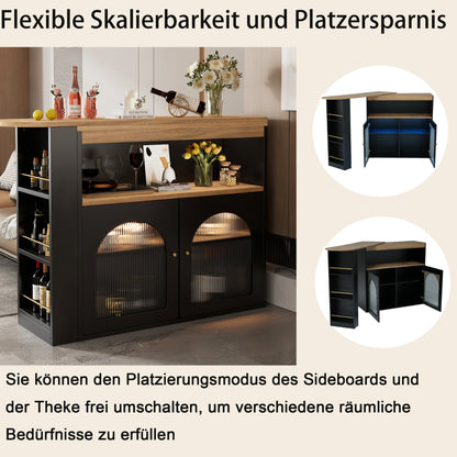 Bartisch ausziehbar 138-193cm, 360° drehbarer Stehtisch mit LED-Beleuchtung & Glasfront, Bistrotisch mit 3 Ablagen, Küchentisch, Schwarz