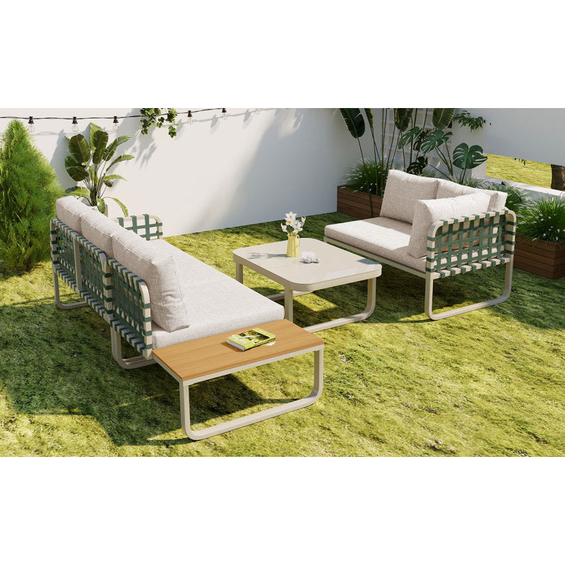 Garten Lounge Set (4-5 Sitzer), Grünes Leder Rattan Gartenmöbel Set, Modernes Outdoor Sofa Set inkl. aller Sitz- und Rückenkissen, Balkonset, Garten und Terrasse, Aprikose