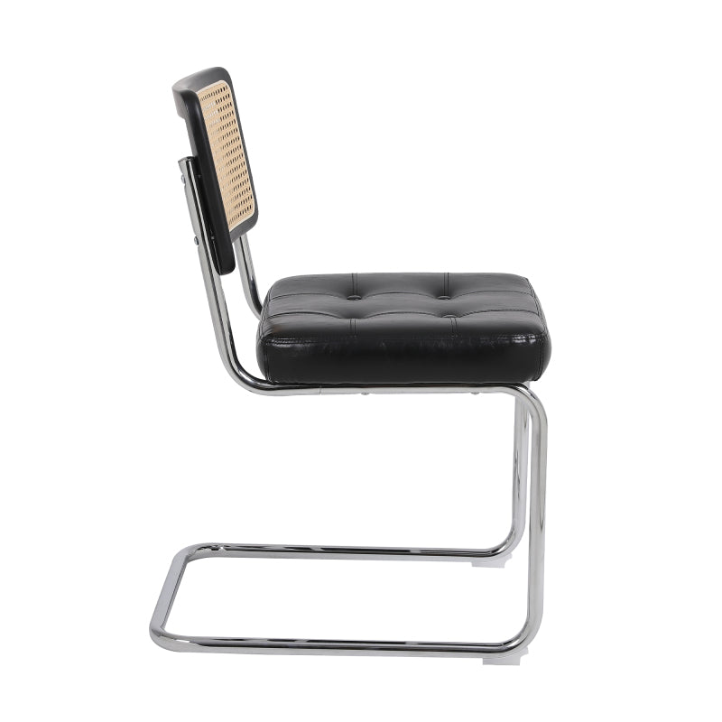 Mittelalterliche moderne Esszimmerstühle, ein Satz von 2-Rattan Esszimmerstühlen mit weichen gepolsterten Kunstlederelementen, armlose Mesh Rückenlehne Rattan Stühle, Metall Chrom Beine(Black)