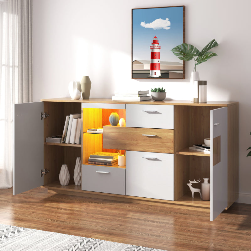 Modernes Sideboard-Schrank mit viel Stauraum, mit LED-Beleuchtung, 160x40x77cm, 2 Türen, 4 Schubladen, Glasablage, Holzoptik, Weiß,Wohnzimmermöbel, Organizer, Kommode, Mehrzweckschrank.