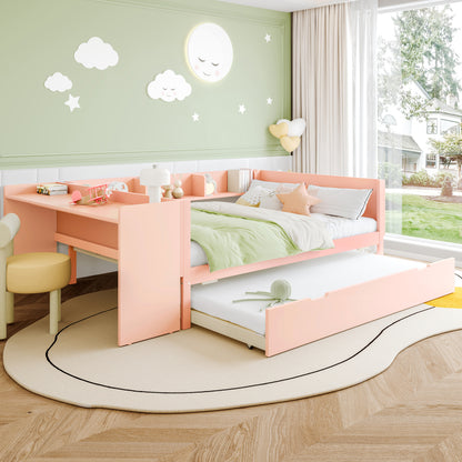 Flachbett, Holzbett, 140x200cm, mit Schreibtisch, ausgestattet mit 2 Schubladen, Doppelbett(Ohne Matratze), mit Regalen, Kiefer + Spanplatte, Rosa