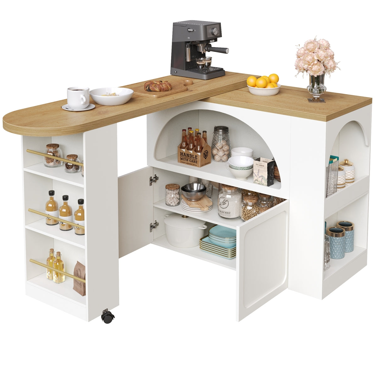 Ausziehbarer Bartisch 135-205cm mit LED & USB, Mobiler Hochtisch Weiß, Teleskop-Kücheninsel mit Stauraum & Soft-Close, Modernes Bogendesign