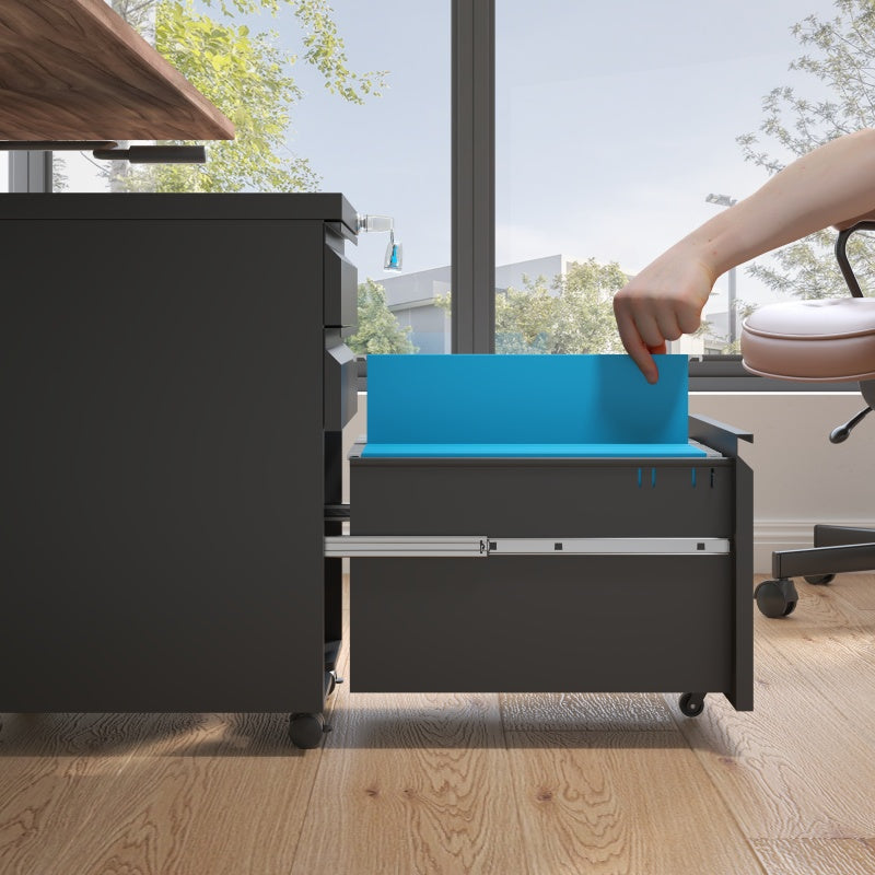 3-Schubladen-Mobil-Aktenkasten mit Schloss - Metall-Ablagekästen für Home Office Organisation – Letter, Legal und A4,Schwarz,H60 cm × B37.3 cm × T44 cm.