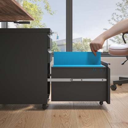 3-Schubladen-Mobil-Aktenkasten mit Schloss - Metall-Ablagekästen für Home Office Organisation – Letter, Legal und A4,Schwarz,H60 cm × B37.3 cm × T44 cm.