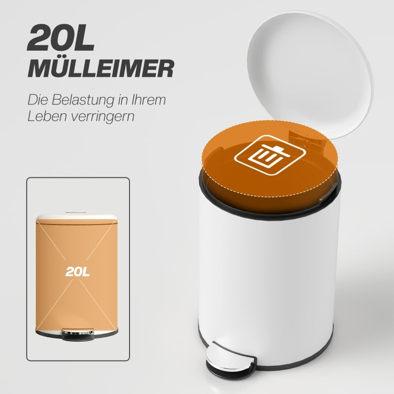 Mülleimer 20L Treteimer mit Deckel & Fußpedal, Kosmetikeimer aus Metall, Müllbehälter mit Inneneimer für Wohnzimmer & Büro