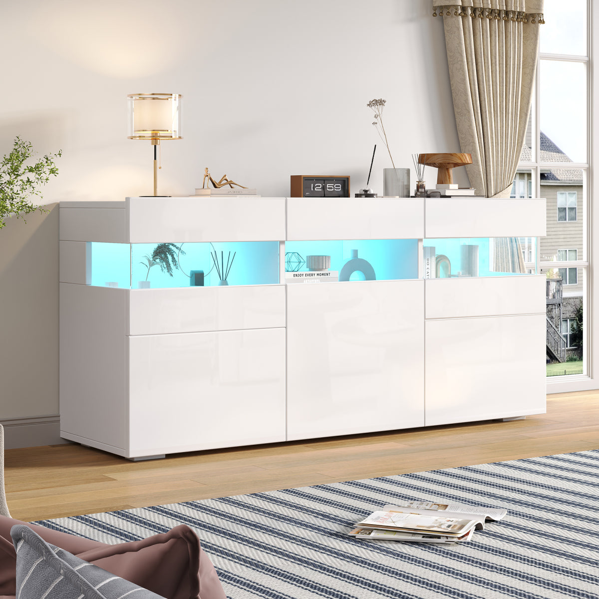 Sideboard 140 cm, Hochglanz Weiß, LED-Beleuchtung (App-Steuerung), 3 Türen