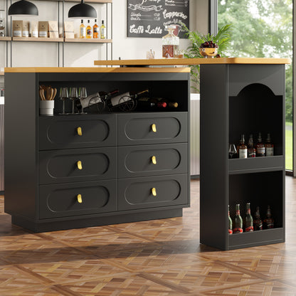 Bartisch ausziehbar 138-203cm, 360° drehbarer Stehtisch mit 6 Schubladen & Snack-Regal, moderner Küchentisch, Schreibtisch & Bar, Schwarz