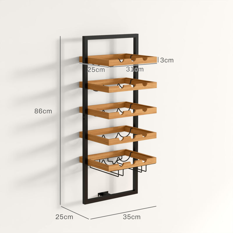 Weinregal wandmontierbar mit 5 Ebenen, Weinständer für 15 Flaschen und 4 Gläser, Kiefernholz, Stahl, für Küche Esszimmer Bar, Braun