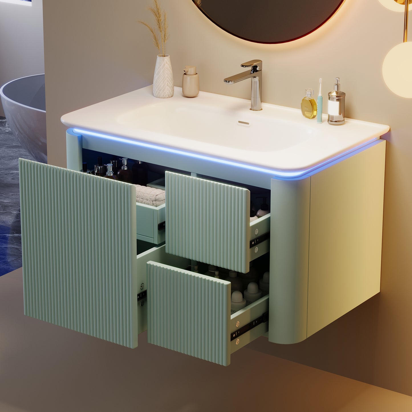 Badezimmerschrank Wandhängend 80cm Grün, 3D-Struktur & LED-Sensor, Waschtisch mit Keramikbecken, 4 leise Schubladen, Lackiert, Anti-Stoß