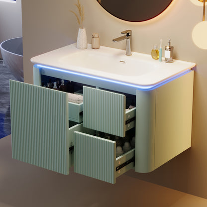 Badezimmerschrank Wandhängend 80cm Grün, 3D-Struktur & LED-Sensor, Waschtisch mit Keramikbecken, 4 leise Schubladen, Lackiert, Anti-Stoß