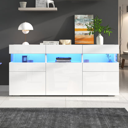 Sideboard 140 cm, Hochglanz Weiß, LED-Beleuchtung (App-Steuerung), 3 Türen