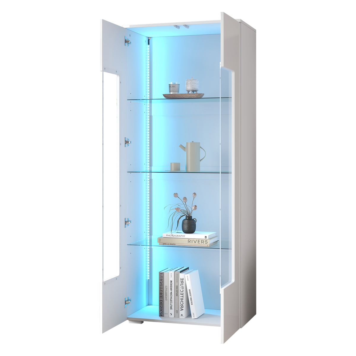 Vitrine LED App-Steuerung, 173 cm, Hochglanz Weiß, Acryl/Glas, Kippschutz
