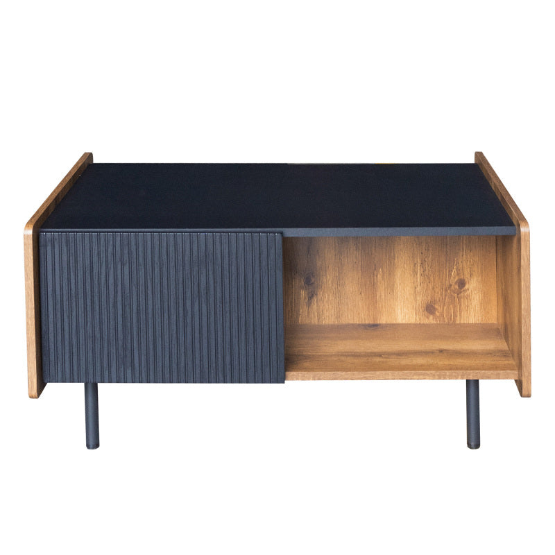 90 cm Schwarze und Holzfarbene Couchtisch – Moderner Stil, Zwei Offene Fächer und Zwei Türen, Dämpfende Scharniere