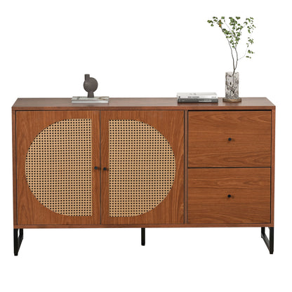 Sideboard mit 2 Rattan verzierten Türen und 2 Schubladen Kommode Küchenschrank, Mehrzweckschrank, Highboard mit Metallgriffe, für Schlafzimmer & Wohnräume & Büro