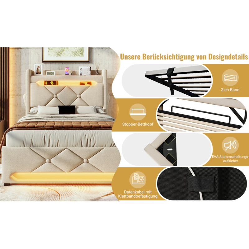 Polsterbett Einzelbett 90*200, Stauraum Kopfteil mit USB und Typ C-Port ,360-Surround-LED-Funktion rund um Kopf- und Fußende des, Betten mit Hydraulisch Stauraum, Beige , Leinen(Ohne Matratze)