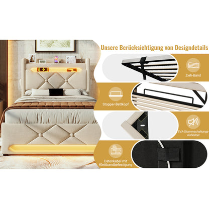 Polsterbett Einzelbett 90*200, Stauraum Kopfteil mit USB und Typ C-Port ,360-Surround-LED-Funktion rund um Kopf- und Fußende des, Betten mit Hydraulisch Stauraum, Beige , Leinen(Ohne Matratze)