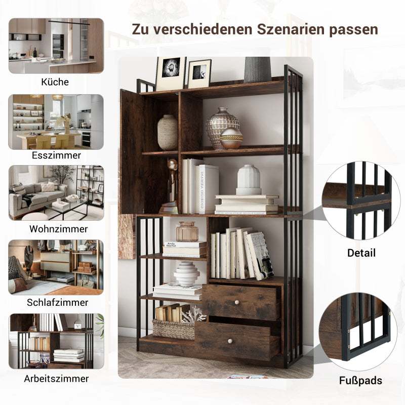 Bücherregal, 6 Regal Bücherregal mit mit Türen und  Schubladen industrielle Bücherregal, Stahlregal, antik braun