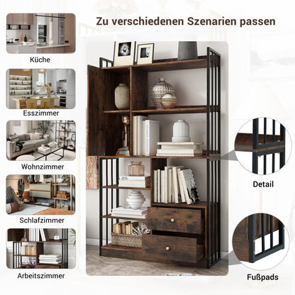 Bücherregal, 6 Regal Bücherregal mit mit Türen und  Schubladen industrielle Bücherregal, Stahlregal, antik braun