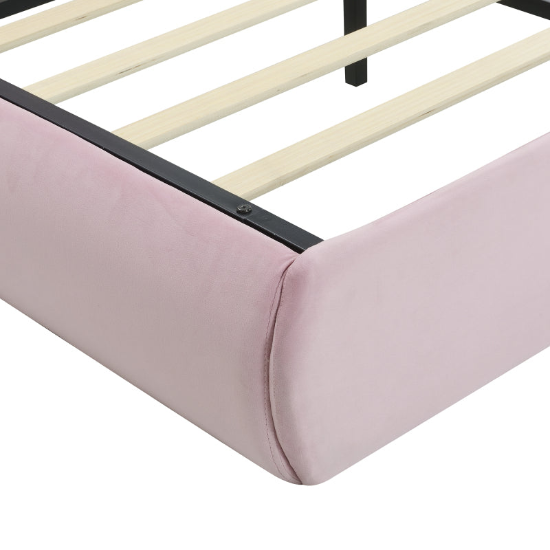 Polsterbett, Doppelbett, hydraulisches Bett, Hasenohren mit einstellbarer Helligkeit warmfarbenen Lichtstreifen, Stauraum unter dem Bett, zwei Aufbewahrungshockern, Samt, Rosa, 140x200cm