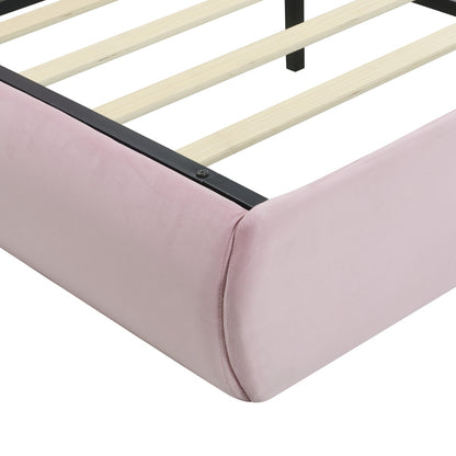 Polsterbett, Doppelbett, hydraulisches Bett, Hasenohren mit einstellbarer Helligkeit warmfarbenen Lichtstreifen, Stauraum unter dem Bett, zwei Aufbewahrungshockern, Samt, Rosa, 140x200cm