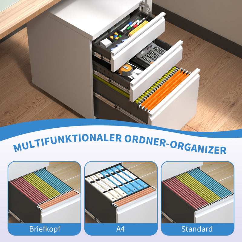 3-Schubladen-Mobil-Aktenkasten mit Schloss - Metall-Ablagekästen für Home Office Organisation – Letter, Legal und A4,Weiß,H60 cm × B37.3 cm × T44 cm.