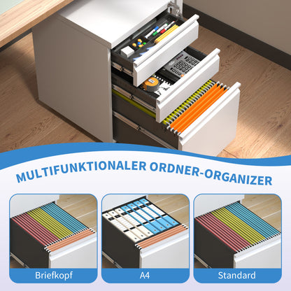 3-Schubladen-Mobil-Aktenkasten mit Schloss - Metall-Ablagekästen für Home Office Organisation – Letter, Legal und A4,Weiß,H60 cm × B37.3 cm × T44 cm.