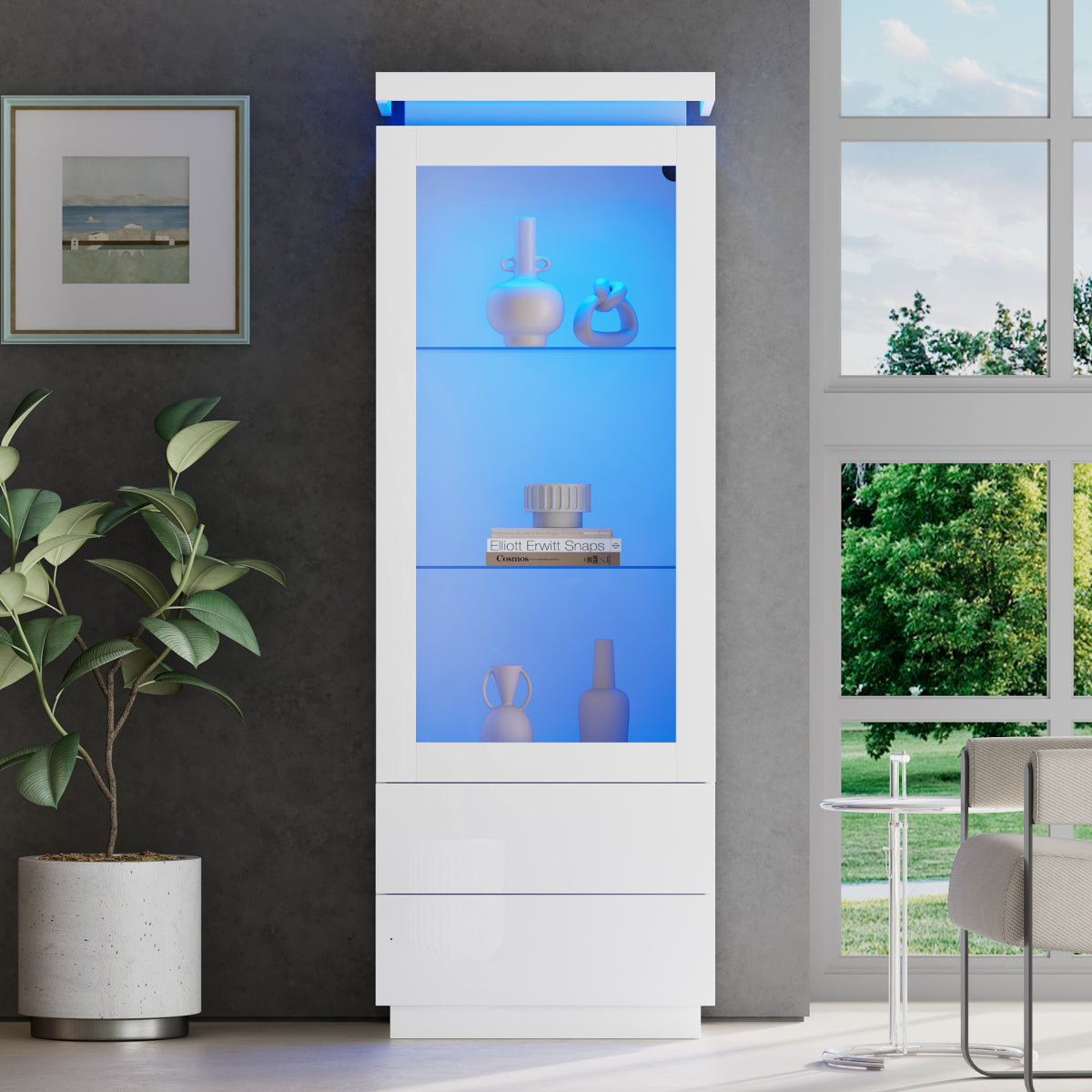 Weiß Hochglanz Vitrine 60x40x171cm mit App-LED & 2 Schubladen, Glasvitrine Hochschrank mit Acryltür, Standregal Wohnzimmerschrank