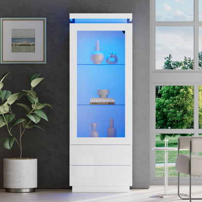 Weiß Hochglanz Vitrine 60x40x171cm mit App-LED & 2 Schubladen, Glasvitrine Hochschrank mit Acryltür, Standregal Wohnzimmerschrank