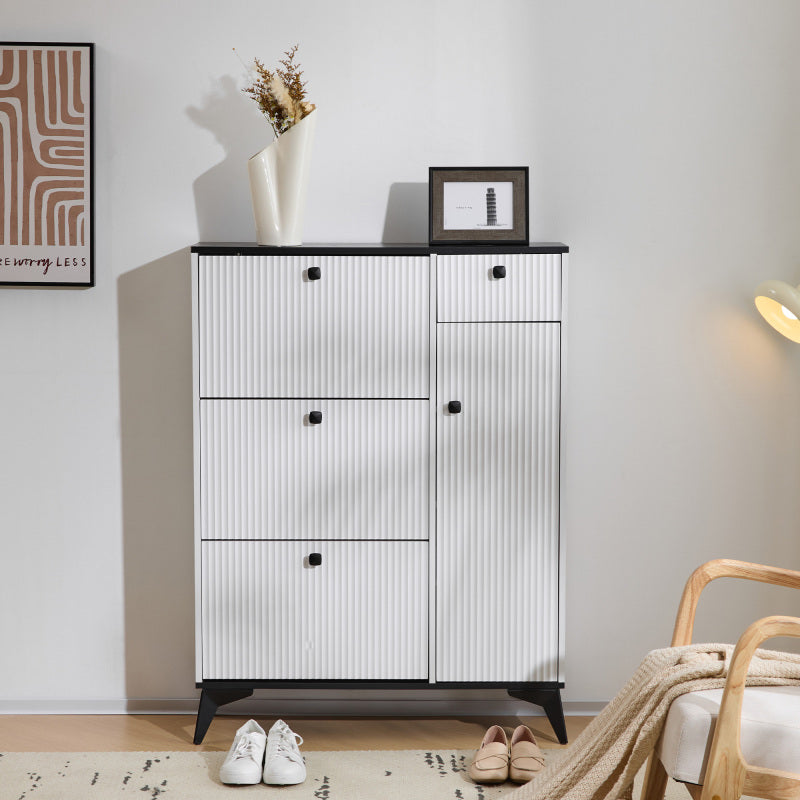 Schuhschrank mit 3 Klappen, 1 Schublade und 1 Tür, Schuhregal, Schuhkipper schmal, Schuhschrank weiß