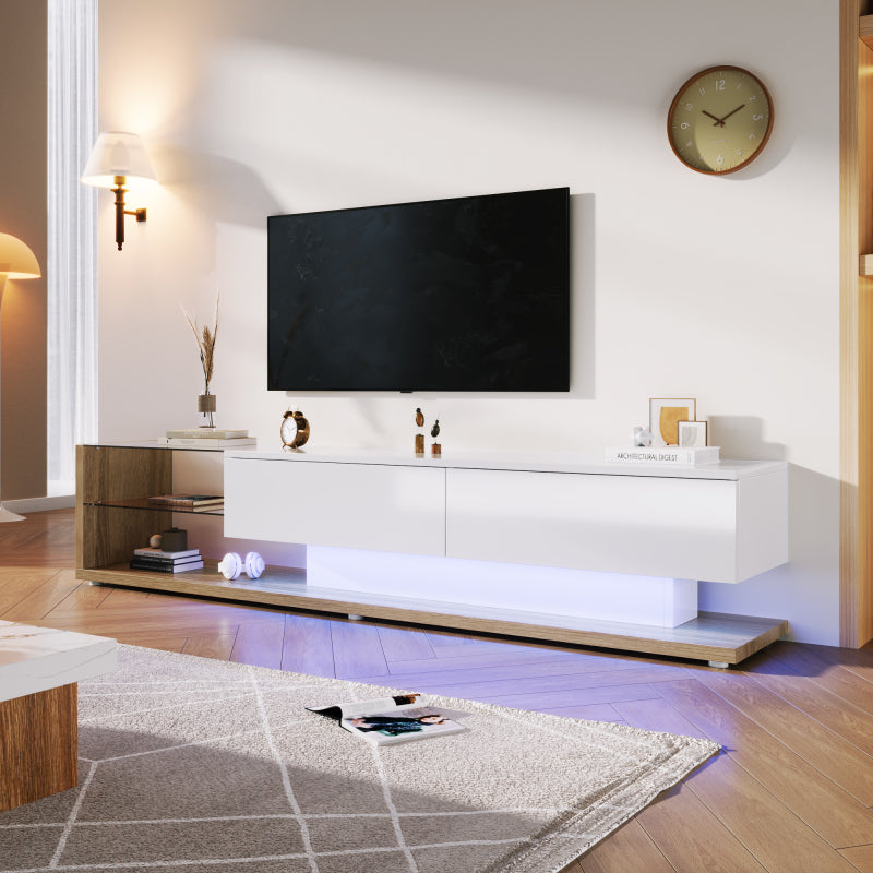 TV-Schränke, Lowboards, Kombination aus Hochglanzweiß und Holzfarben. Glastrennwände und variable LED-Beleuchtung. Es kombiniert natürlichen Landhausstil mit modernem Design.