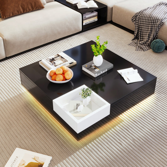 Couchtisch, Hochglanz-Wohnzimmertisch, Beistelltisch mit abnehmbarer Aufbewahrungsbox, Farbblockweiß und Schwarz, 72*72*30 cm, Mit LED-Lichteffekt.