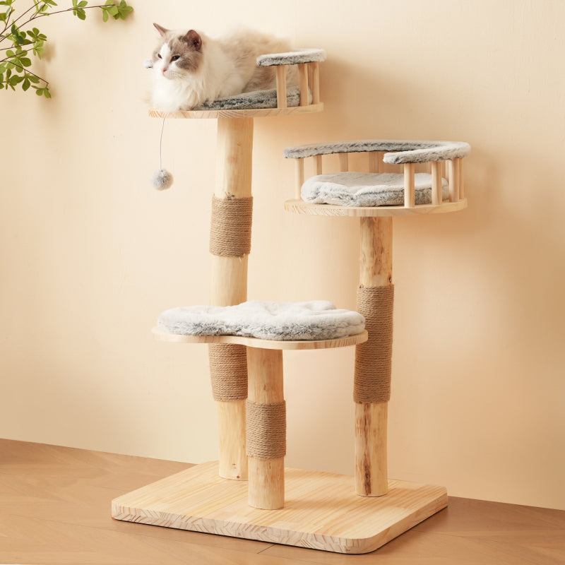 Designer Katzenklettergerüst aus Massivholz - 98 cm hoch, 3-stufiges Sprungbrett, abnehmbare Kissen und Spielbälle, Wolkenoptik-Imitation