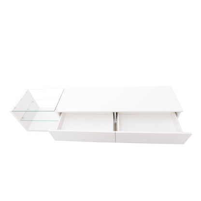 TV-Schränke, niedrige Paneele, hochglänzende weiße Glastrennwände und variable LED-Beleuchtung. Es verbindet natürlichen, rustikalen Stil mit modernem Design.