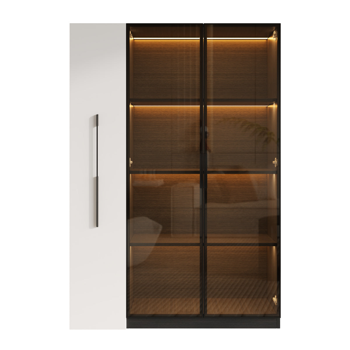 Multifunktionsschrank 110,5x35x160cm Vitrine mit LED-Beleuchtung, Seitenauszug & Glastür – Moderner Hochschrank in Schwarz-Weiß