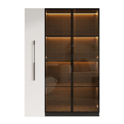 Multifunktionsschrank 110,5x35x160cm Vitrine mit LED-Beleuchtung, Seitenauszug & Glastür – Moderner Hochschrank in Schwarz-Weiß