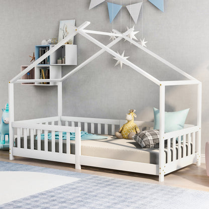 Hausbett 90x200 Weiß, Kinderbett mit Rausfallschutz & Lattenrost, Abenteuerbett Kiefer Massivholz