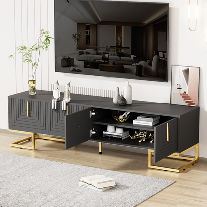 TV-Schrank,lowboard mit strukturierter Tür, TV-Möbel, goldenen Griffen und goldenen Füßen.