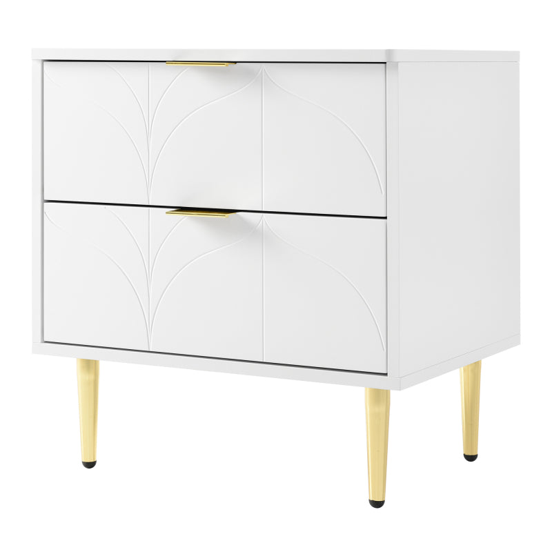 Moderner Nachttisch mit vergoldeten Füßen und Knöpfen, florales Muster, 2er-Set mit 2 Schubladen, lackiert, Ecken mit Anti-Bump-Design, 50B*40T*54H cm, weiß