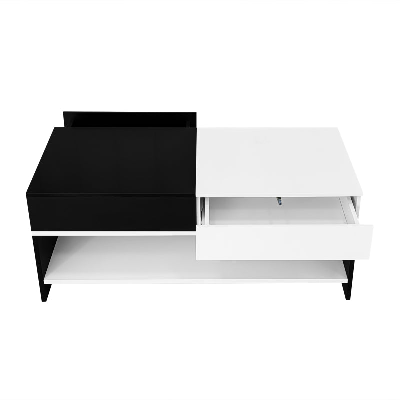 Moderner Couchtisch mit 2 Schubladen – Schwarz-Weiß-Design, Stauraum, Hochglanz-Tischplatte, 100 cm lang